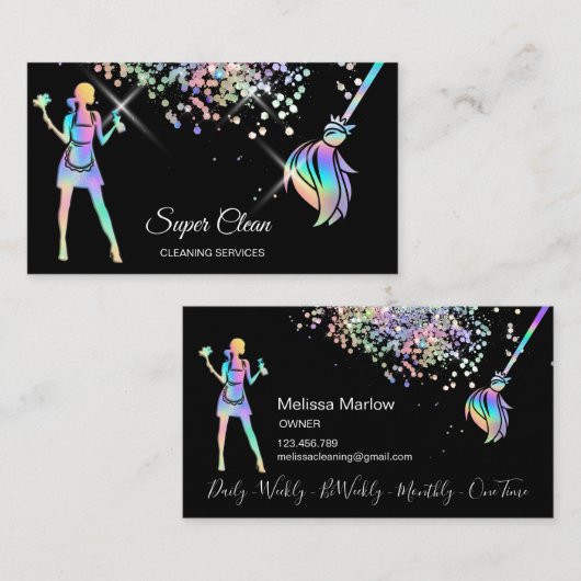 Maid Cleaning House Sparging Holografen Business C Visitekaartje (Voorkant / Achterkant)
