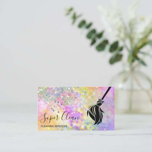 Maid Cleaning House Sparging Holografen Opal Busin Visitekaartje (Staand voorkant)