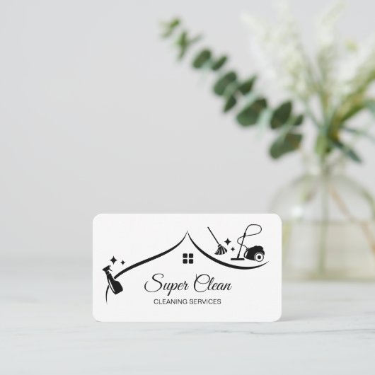 Maid Cleaning House Sparkling Zwart-wit Visitekaartje (Staand voorkant)