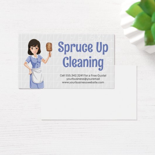 Maid Holding Feather Duster | Zeepbellen Visitekaartje (Bureau)