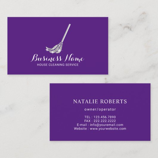 Maid House Cleaning Service Mop Logo Paars Visitekaartje (Voorkant / Achterkant)
