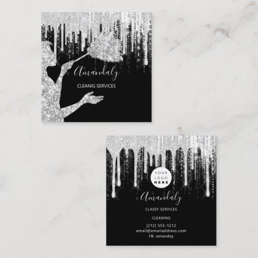Maid House Cleaning Services Logo Grey Drip Black Vierkante Visitekaartje (Voorkant / Achterkant)