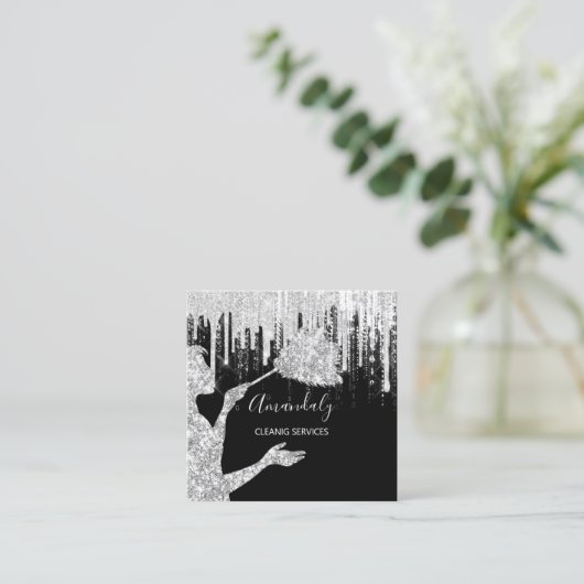 Maid House Cleaning Services Logo Grey Drip Black Vierkante Visitekaartje (Staand voorkant)