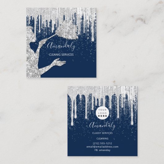 Maid House Cleaning Services Logo Grey Drip Navy Vierkante Visitekaartje (Voorkant / Achterkant)