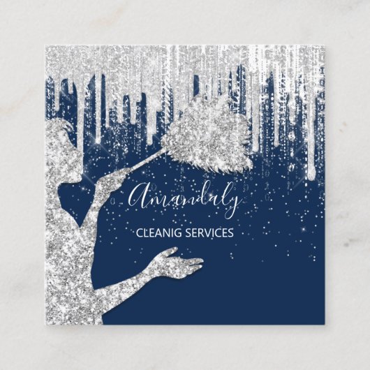 Maid House Cleaning Services Logo Grey Drip Navy Vierkante Visitekaartje (Voorkant)