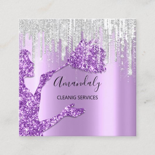 Maid House Cleaning Services Logo Grey Drip Paars Vierkante Visitekaartje (Voorkant)