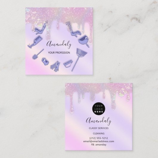 Maid House Cleaning Services Logo Paarse pasta Vierkante Visitekaartje (Voorkant / Achterkant)