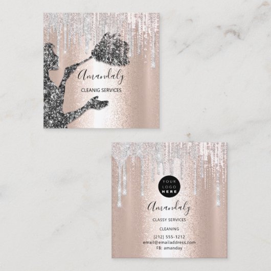 Maid House Cleaning Services Logo Silver Drip Blac Vierkante Visitekaartje (Voorkant / Achterkant)
