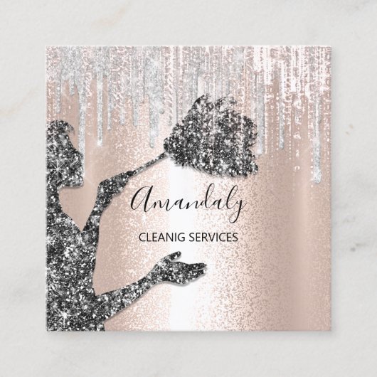 Maid House Cleaning Services Logo Silver Drip Blac Vierkante Visitekaartje (Voorkant)