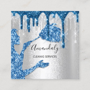 Maid House Cleaning Services Logo Silver Drip Blue Vierkante Visitekaartje