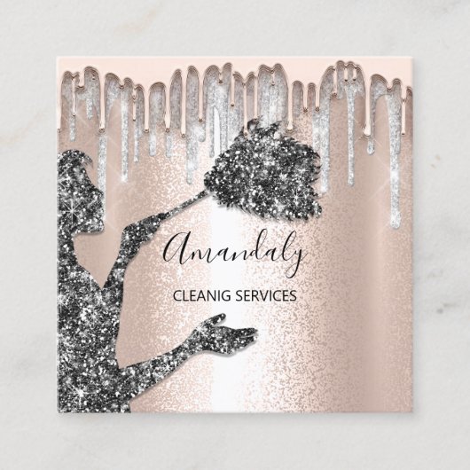 Maid House Cleaning Services Logo Silver Drip Grey Vierkante Visitekaartje (Voorkant)