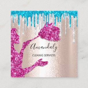 Maid House Cleaning Services Logo Silver Drip Pink Vierkante Visitekaartje