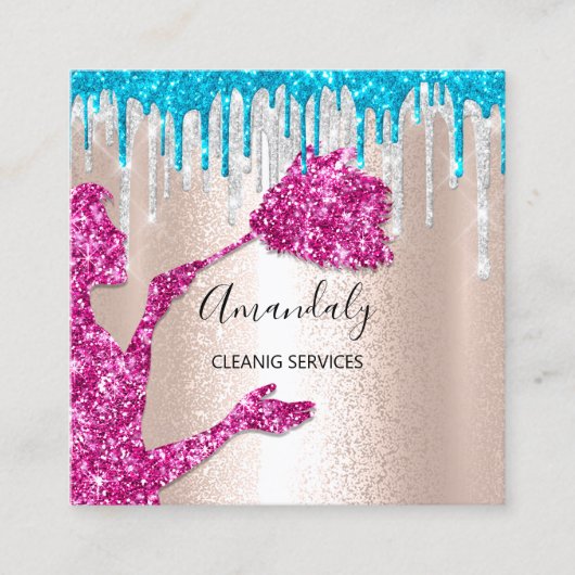 Maid House Cleaning Services Logo Silver Drip Pink Vierkante Visitekaartje (Voorkant)