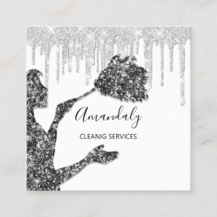 Maid House Cleaning Services Logo Silver Grey Drip Vierkante Visitekaartje