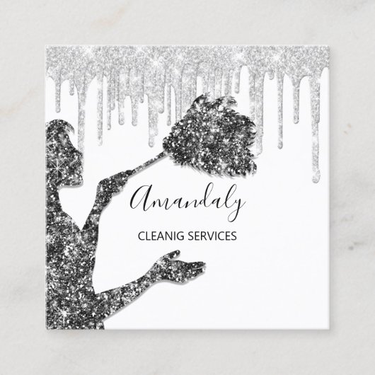 Maid House Cleaning Services Logo Silver Grey Drip Vierkante Visitekaartje (Voorkant)