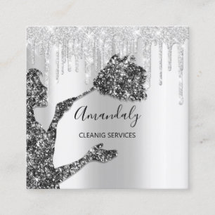 Maid House Cleaning Services Logo Silver Grey Glam Vierkante Visitekaartje