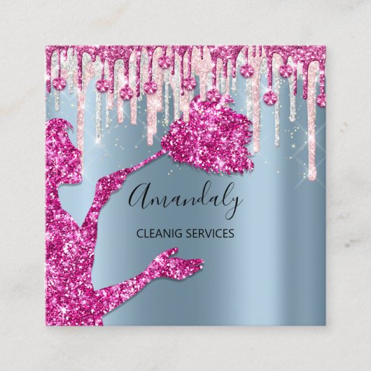 Maid House Cleaning Services Logo Silver Pink Blue Vierkante Visitekaartje (Voorkant)