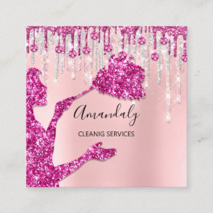 Maid House Cleaning Services Logo Silver Pink Glam Vierkante Visitekaartje