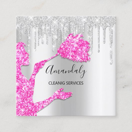 Maid House Cleaning Services Logo Silver Pink Grey Vierkante Visitekaartje (Voorkant)