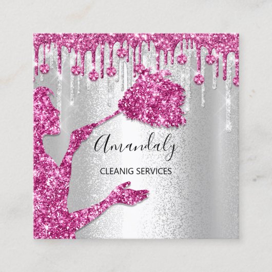 Maid House Cleaning Services Logo Silver Pink Grey Vierkante Visitekaartje (Voorkant)