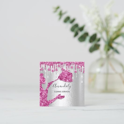 Maid House Cleaning Services Logo Silver Pink Grey Vierkante Visitekaartje (Staand voorkant)