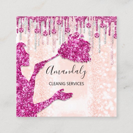 Maid House Cleaning Services Logo Silver Pink Lux Vierkante Visitekaartje (Voorkant)
