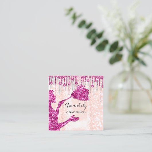 Maid House Cleaning Services Logo Silver Pink Lux Vierkante Visitekaartje (Staand voorkant)