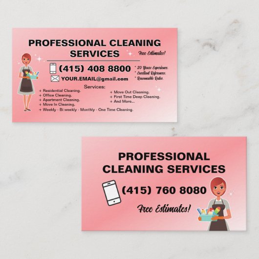 Maid Janitorial Lady Visitekaartje Huis schoonmake (Voorkant / Achterkant)