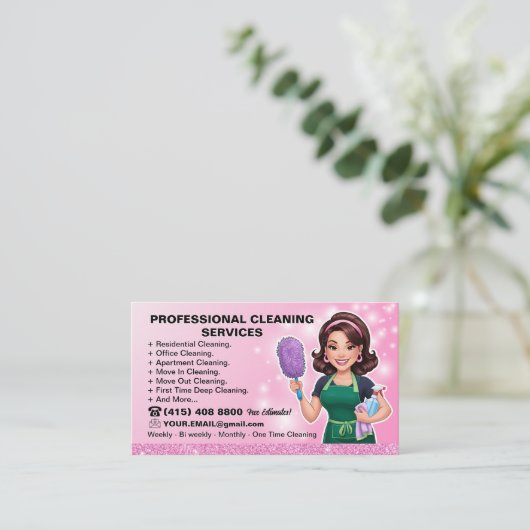 Maid Janitorial Lady Visitekaartje Huis schoonmake (Staand voorkant)