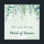 Maid of eremir bridesmaid eucalyptus greenery magneet<br><div class="desc">Een groene,  witte waterkleurige achtergrond. Ontkleurd met bladgroen van eucalyptus en houtsklooster. Met de tekst: word je mijn Bridesmaid of een dienstmeisje.</div>