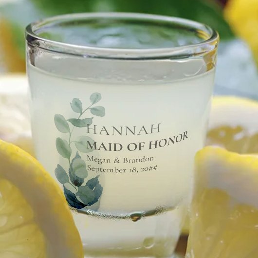 Maid of Eucalyptus Greenery Wedding Custom Shot Glas