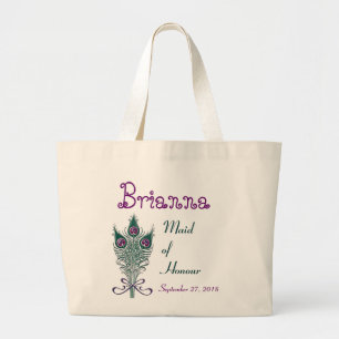 Maid of Honoor Peacock Feather Blauwgroen Paars Grote Tote Bag