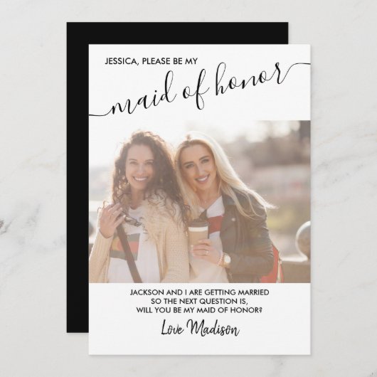 Maid of Honor Black and White Photo proposal card Kaart (Voorkant / Achterkant)