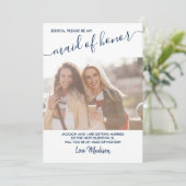 Maid of Honor Blue and White Photo proposal card Kaart (Staand voorkant)