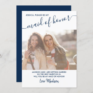 Maid of Honor Blue and White Photo proposal card Kaart