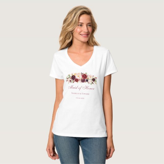 Maid of Honor Burgundy Pink Rose Floral T-shirt (Voorkant volledig)