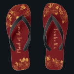 Maid of Honor Dark Burgundy & Gold Foliage Teenslippers<br><div class="desc">Deze prachtige, donkerbruine en goudbladervormig gebak van eerzame teenslippers heeft een donkere ondergrondse ondergrond die gekant is tegen een ingewikkeld goudgroen patroon en aanpasbare moderne typografie. De combinatie van de rijke Bourgogne en de glanzende gouden creëer en elegant en luxe esthetiek. Het is een mooi cadeau voor je bruidfeestje. Uitzicht...</div>