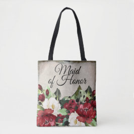 Maid of Honor | Elegant Red Floral Gothic Wedding Tote Bag