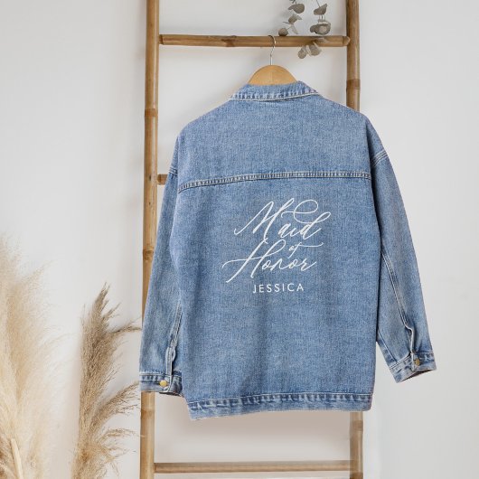 Maid of Honor Elegant Script Naam Bruiloft Partij Denim Jacket