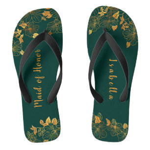 Maid of Honor Emerald Green & Gold Foliage Teenslippers