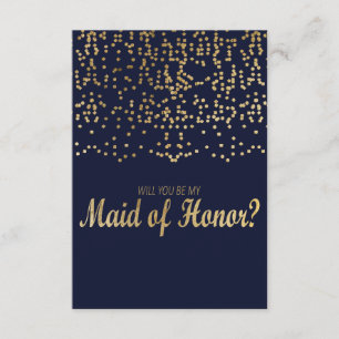 Maid of Honor Faux Gold Confetti Navy Blue Kaart
