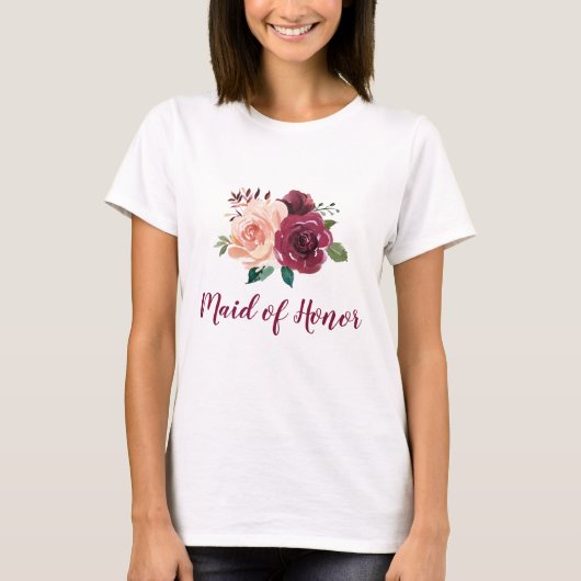 Maid of Honor Floral Blush Roze Bourgogne Roos T-shirt (Voorkant)