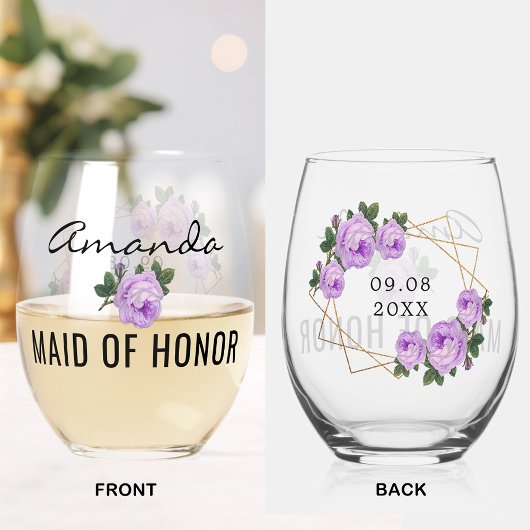 Maid of Honor Gold Glitter Geo Paarse Bloemen Wo Wijnglas Zonder Voet