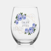Maid of Honor Gouden Glitter Geo Blauw Bloemen Bru Wijnglas Zonder Voet (Achterkant)