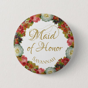 Maid of Honor Herfst Bloemen Bruiloft Naam Tag Ronde Button 5,7 Cm