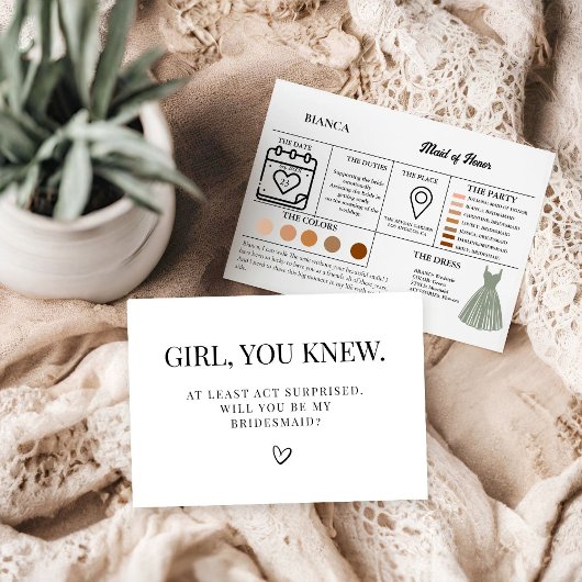 Maid of Honor info kaart bruidsvoorstel Kaart