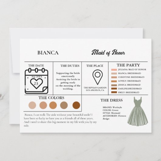 Maid of Honor info kaart bruidsvoorstel Kaart (Achterkant)