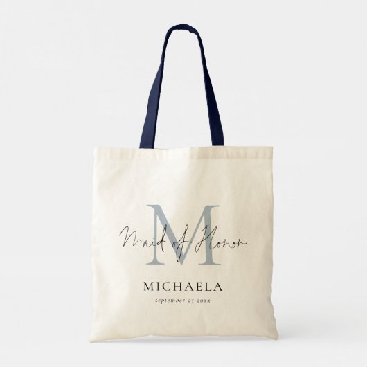 Maid of Honor Monogram Initiaal Name Script Blue Tote Bag (Achterkant)