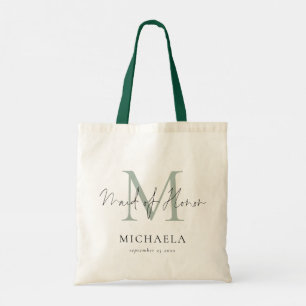 Maid of Honor Monogram Initiaal Name Script Sage Tote Bag