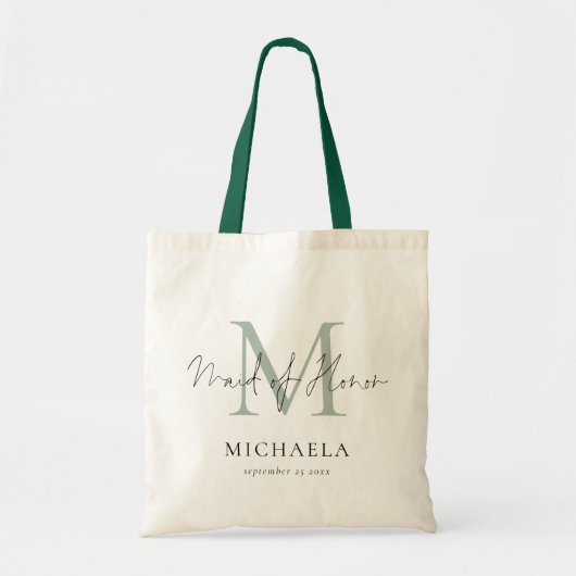Maid of Honor Monogram Initiaal Name Script Sage Tote Bag (Voorkant)
